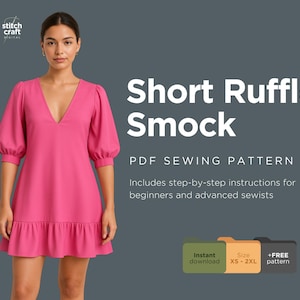 Patrón de costura para vestido camisero con volantes: mangas cortas de obispo, escote en V, tallas XS-XXL (patrón en PDF)