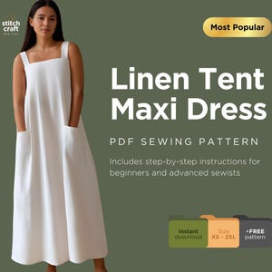 Patrón de costura de vestido largo de lino con forma de tienda de campaña, vestido largo sin mangas, vestido de escote cuadrado con bolsillos, patrón de vestido de verano, tamaños A0/A4/Carta, XS a XXL