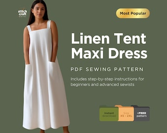 May include: A white linen tent maxi dress sewing pattern. The pattern includes step-by-step instructions for beginners and advanced sewists. The pattern is available in sizes XS-2XL and is an instant download. The pattern also includes a free pattern.