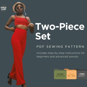 Sleeveless Crop Top and Elastic Waist Pants Set Sewing Pattern, women sewing pattern, two pieces sewing pattern, 10 Sizes XS to 2XL