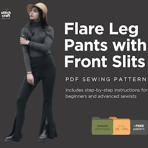 High Waisted Flare Legs with Front Slits Sewing Pattern, Elastic Waist Flare Leggings, Trousers Wide Leg slit, Yoga Pants, High Rise Pattern
