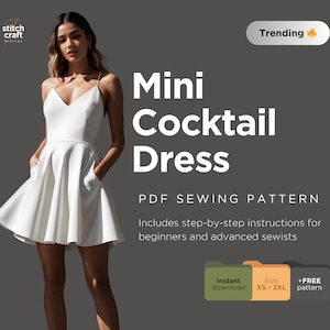 Patrón de costura de minivestido de cóctel, vestido acampanado sin mangas, patrón PDF de vestido corto, patrón de vestido de verano, tamaños A0/A4/Carta, XS a XXL