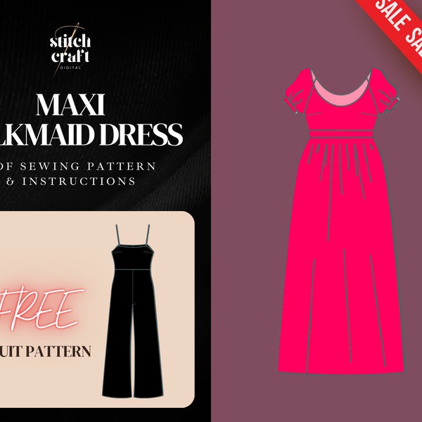 Maxi Milkmaid Dress Sewing Pattern, Cottage Core Dress, Short Sleeve Prom Dress, Summer Dress, XS to XXL, A0 A4 US Letter Pattern