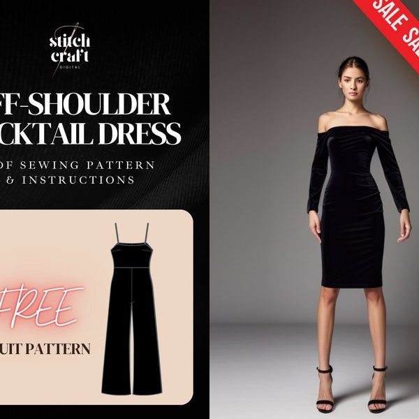 Off Shoulder Cocktail Dress Sewing Pattern, Straight Neckline, Cold Shoulder Sleeve,  Short Back Slit, Evening Dress Pattern, 10Sizes XS-XXL