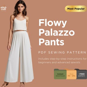 Wide Leg Palazzo Pants Sewing Pattern, High Waist Flare Leg Pants, Comfy Beginners Friendly Sewing Pattern, Women Sewing Pattern, 10 Sizes