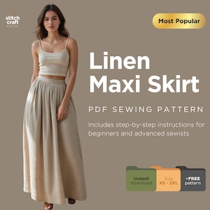 Linen Maxi Skirt Sewing Pattern: Gathered Waist with Pockets (PDF Pattern)