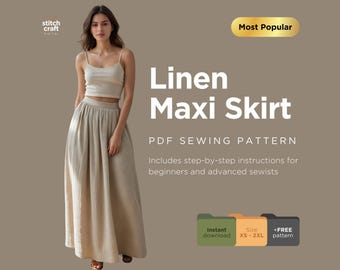 Linen Maxi Skirt Sewing Pattern: Gathered Waist with Pockets (PDF Pattern)