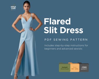 Modello di cucito per abito svasato con spacco: lungo con scollo a V, XS-XXL (modello PDF)