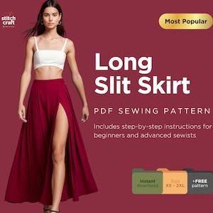 Long Slit Skirt Sewing Pattern, Maxi Skirt with Slit, Tea Length, Easy Womens Skirt, Flared Panelled Slit Skirt PDF, 10 Sizes XS to XXL
