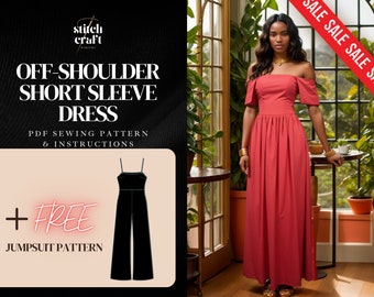 Off Shoulder Short Sleeve Dress Sewing Pattern, Summer Dress Pattern, Long Dress Sewing Pattern, Full Length Dress PDF, 10 Sizes XS-XXL