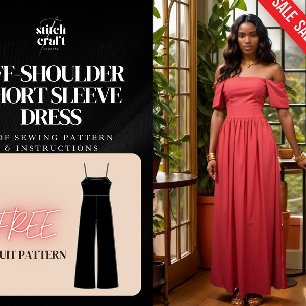 Off Shoulder Short Sleeve Dress Sewing Pattern, Summer Dress Pattern, Long Dress Sewing Pattern, Full Length Dress PDF, 10 Sizes XS-XXL