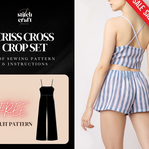 Criss Cross Back Crop Set Sewing Pattern, Summer Crop Top and Shorts Set, Two Piece Pattern, Sleeveless Top, Elastic Shorts, Sizes XS to XXL