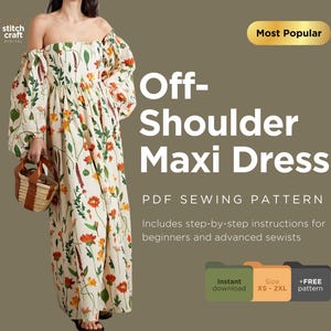 Off Shoulder Maxi Dress Sewing Pattern, Summer Dress Pattern, Long Dress Sewing Pattern, Full Length Dress PDF Pattern, 10 Sizes XS-XXL