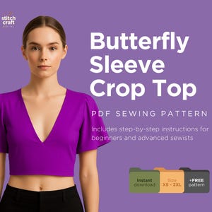 Butterfly Sleeve Crop Top Sewing Pattern, Plunging V-Neck and Flared Short Sleeve Design, DIY Women&#39;s Fashion, 10 Sizes UK 6-24, US 2-20
