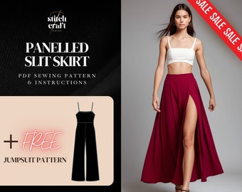 Long Slit Skirt Sewing Pattern, Maxi Skirt with Slit, Tea Length, Easy Womens Skirt, Flared Panelled Slit Skirt PDF, 10 Sizes XS to XXL