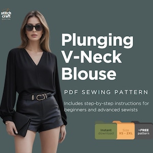 Patrón de costura de blusa, blusa de manga larga para mujer, blusa con cuello en V, tallas 2-20 de EE. UU., 6-24 del Reino Unido, patrón para principiantes, A4, A0, tamaño carta, descarga instantánea