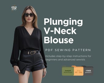 V-Neck Bishop Sleeve Blouse Sewing Pattern XS-XXL (PDF Download)