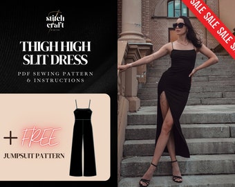 Thigh High Slit Dress Sewing Pattern, Evening Prom Dress Pattern, Side Slit Sleeveless Dress, Tea Length, Easy Womens Dress, 10 Sizes XS-XXL