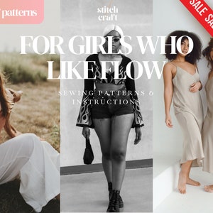 May include: Three sewing patterns for dresses, with the text "For Girls Who Like Flow" and "Sewing Patterns & Instructions".