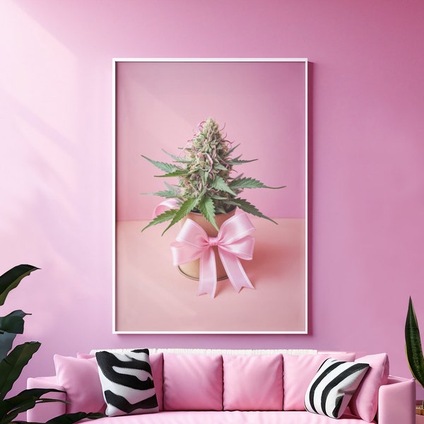 Girly Pink Weed Poster | Coquette Apartment Decor | Aesthetic Home | Wall Art | Wall Print | Cute Stoner Print | Bow Cute | Pot Head Gift