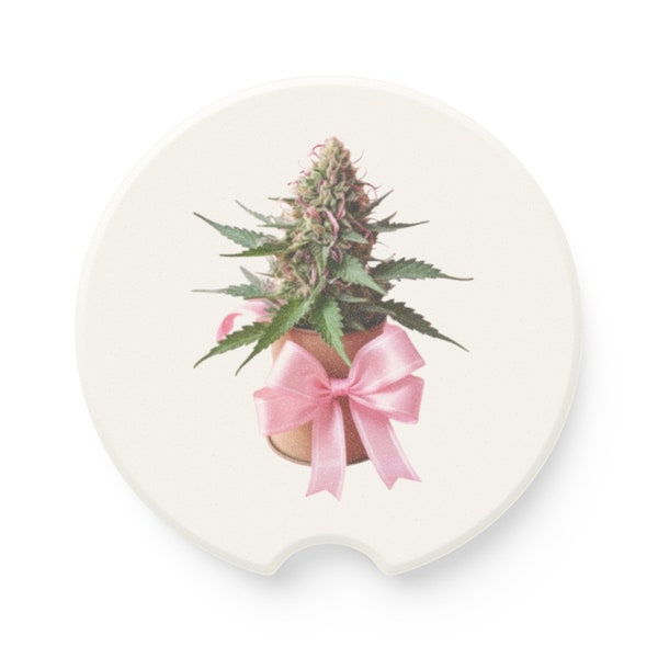 Weed Bow Car Coasters | Car Accessories | Pot Head Car Essentials | Spring Summer | Birthday Gift for Her | Car Stoner | Cute | Pink
