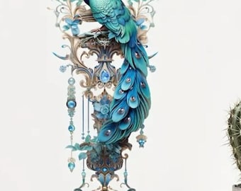 Peacock wall decal decoration, removable vinyl adhesive, colorful blue animal art
