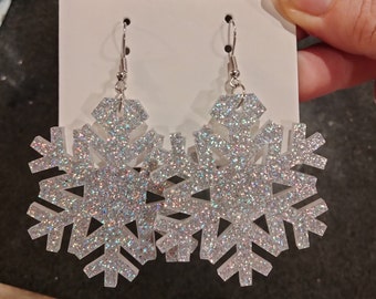 Large snowflake earrings, winter silver sparkle dangle earrings