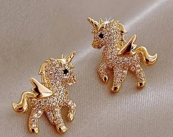 Zirconia Unicorn Stud Earrings: Gold or Silver Animal Jewelry
