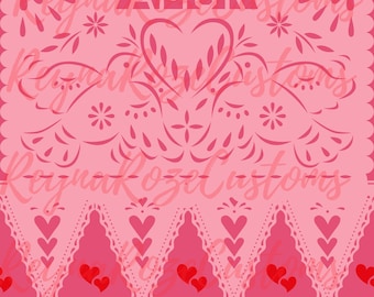 May include: Pink paper cutout with a heart design and the word "AMOR" in the center. The cutout has a delicate, lacy border.