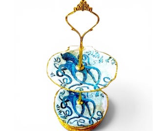 Scallop Shell Jewelry Stand – 2 Tier Blue Octopus Coastal Ring Dish Nautical Decor
