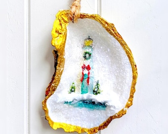 Lighthouse Oyster Shell Christmas Ornament