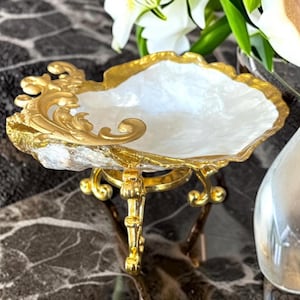 Pearl White Oyster Shell Jewelry Dish with Gold Stand