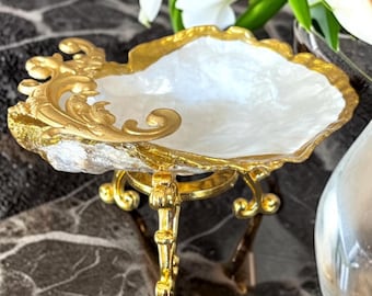 Gold Guilded Oyster Shell Ring Dish, Pearly White or Pink