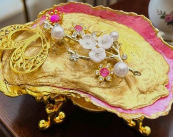 Pink Oyster Shell Ring Dish with Lid| Luxury Trinket Box