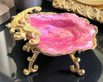 Pink Oyster Shell Ring Dish with Gold Stand