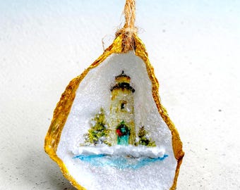 Lighthouse Oyster Shell Christmas Ornament, Coastal Holiday Decor