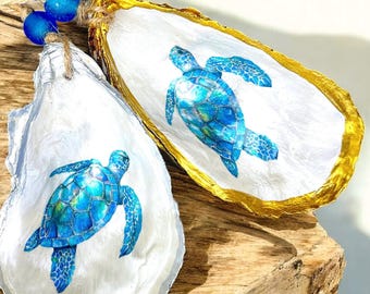 Decoupage Sea Turtle Oyster Shell Ornament: Coastal Christmas Charm