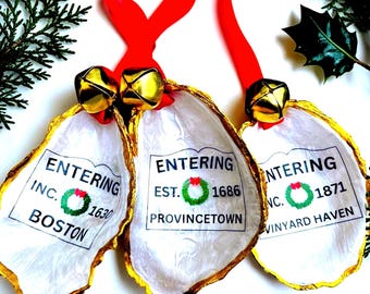 Personalized Massachusetts Town Oyster Shell Christmas Ornament