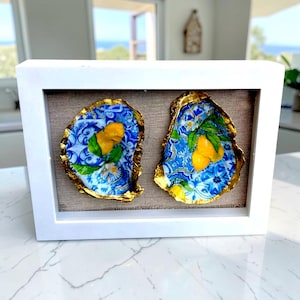 Amalfi Lemon Oyster Shell Shadow Box – Coastal Kitchen Wall Art, Gold Leaf Citrus Decor
