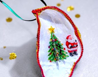 3D Christmas Tree Oyster Shell Ornament with Santa