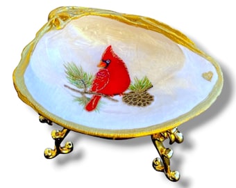 Cardinal Clam Shell Ring Dish, Memorial Coastal Keepsake with Gold Stand
