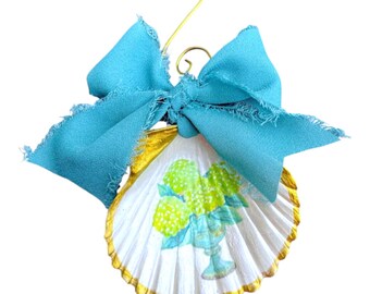 Cape Cod Decoupage Hydrangea Scallop Shell Christmas Ornament