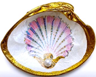 Pink Clam Shell Ring Dish, Coastal Jewelry Dish, Gold Trim