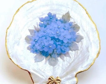 Hydrangea Ring Dish Scallop Shell Jewelry Holder Blue White Decor