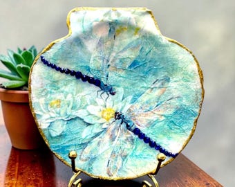 Dragonfly Scallop Shell Ring Dish, Blue Rhinestone Jewelry Holder