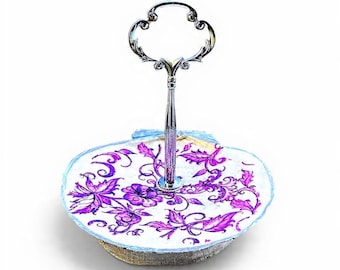 Purple Floral Decoupage Scallop Shell Ring Holder Stand