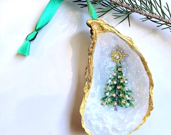 Handmade 3D Oyster Shell Christmas Ornament with Rhinestone Tree