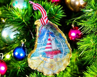 Sailboat Oyster Shell Christmas Ornament Coastal Nautical Decor