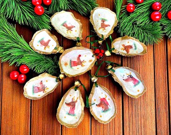 Santa’s Reindeer Oyster Shell Ornament Set of 9, Handmade Christmas Decor