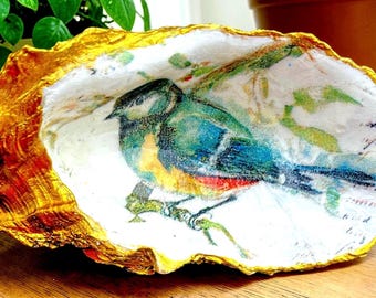 Decoupage Oyster Shell Ring Dish, Bluebird Pattern